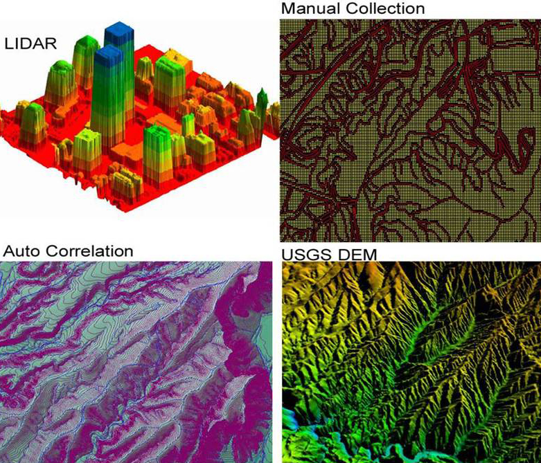 4 images: LiDAR, Manual Collection, Auto Correlation, & USGS DEM